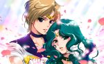  bishoujo_senshi_sailor_moon blonde_hair blue_eyes choker earrings fukumaki_neco gloves green_hair jewelry kaiou_michiru lips magical_girl multiple_girls outer_senshi petals sailor_moon sailor_neptune sailor_senshi sailor_uranus short_hair ten&#039;ou_haruka tiara 