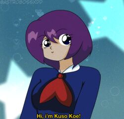 1girl 90s 90s_anime :) artist_name blue_background blue_eyes blue_shirt female_only happy human human_only original_character pale_skin purple_hair red_bow retro retro_artstyle school_uniform smiling_at_viewer sparkle_background starry_background subtitle subtitled subtitles utau watermark