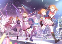  6+girls :d arm_up ban_(one_ban7241) beret black_footwear black_hat black_ribbon blue_eyes blue_footwear blue_shirt blue_skirt bokura_no_live_kimi_to_no_life boots bow bowtie braid breasts brown_hat character_request chase!_(love_live!) collared_shirt commentary_request confetti detached_sleeves diamond_(love_live!) dream_believers dress dress_shirt falling_feathers feathers frilled_dress frilled_thighhighs frills glowstick green_bow green_eyes green_ribbon hair_bow hair_ornament hat heart high_heels highres hinoshita_kaho holding_hands in-franchise_crossover indoors jacket jump_into_the_new_world kimi_no_kokoro_wa_kagayaiteru_kai? knee_boots kneehighs kosaka_honoka kurosawa_ruby link!_like!_love_live! long_hair looking_at_another love_live! love_live!_nijigasaki_high_school_idol_club love_live!_school_idol_project love_live!_series_asia_tour_2024 love_live!_sunshine!! love_live!_superstar!! mary_janes medium_breasts medium_dress medium_hair miniskirt multiple_girls nakasu_kasumi neck_ribbon one_side_up open_clothes open_jacket open_mouth orange_hair osawa_rurino otomune_kozue over-kneehighs penlight_(glowstick) pink_dress pink_footwear pleated_skirt puffy_short_sleeves puffy_sleeves purple_jacket rabbit_hair_ornament red_bow red_bowtie red_eyes red_jacket ribbon running sakurauchi_riko shibuya_kanon shirt shoes short_dress short_sleeves side_braid skirt smile socks stage strapless strapless_dress swept_bangs takami_chika teeth thigh-highs tojo_nozomi two_side_up uehara_ayumu upper_teeth_only violet_eyes w white_feathers white_shirt white_skirt white_socks white_thighhighs yellow_bow yellow_bowtie yuki_setsuna yume_e_no_ippo 
