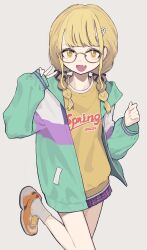  1girl :d absurdres aqua_jacket bespectacled blonde_hair braid brown-framed_eyewear clothes_writing commentary fang foot_out_of_frame fujita_kotone gakuen_idolmaster glasses grey_background hands_up highres hood hood_down hooded_jacket idolmaster jacket leg_up long_hair long_sleeves looking_at_viewer miniskirt multicolored_jacket open_mouth orange_footwear papaia_(quentingqoo) pleated_skirt purple_jacket purple_skirt shirt shoes sidelocks simple_background skin_fang skirt smile sneakers socks solo standing standing_on_one_leg t-shirt twin_braids v white_jacket white_socks yellow_eyes yellow_shirt 