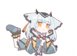  1girl animal_ears arknights chibi full_body gloves highres horns jacket keirono lying medium_hair on_floor on_stomach orange_eyes ptilopsis_(arknights) solo white_background white_hair 