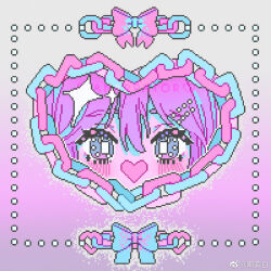  1girl apangbai_(anarrator) beads blue-eyes_white_dragon blue_bow blue_hair blush bow chain close-up commentary eyelashes gradient_background grey_background hair_beads hair_ornament hairclip heart heart-shaped_mouth multicolored_hair open_mouth original outline pink_background pink_bow pink_hair pixel_art solo sparkle streaked_hair symbol-only_commentary watermark weibo_watermark white_outline 