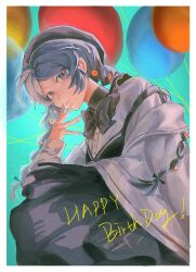  1girl aqua_background balloon balloon_party beret black_bow black_bowtie black_hat black_skirt bow bowtie braid closed_mouth coat fingers_to_mouth grey_eyes grey_hair hand_up happy_birthday hat highres long_hair looking_at_viewer low_twin_braids luanbu overall_skirt reverse:1999 shirt skirt solo too_many_balloons twin_braids upper_body white_coat white_shirt 
