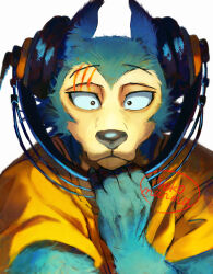  1boy animal_ears artist_name beastars closed_mouth commentary_request furry furry_male headphones legoshi male_focus nekosoul scar scar_across_eye scar_on_face shirt smile upper_body white_background wolf_boy wolf_ears yellow_shirt 