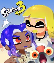  1boy 1girl ^^^ black_bra blonde_hair blush bra bra_peek braid bulging_eyes closed_eyes collared_shirt colored_sclera colored_tongue commentary_request copyright_name creature dark-skinned_male dark_skin dress_shirt eyebrow_cut fangs gradient_hair grey_shirt highres ichijip_app inkling inkling_girl inkling_player_character light_particles long_hair looking_at_another looking_at_viewer medium_hair multicolored_hair octoling octoling_boy octoling_player_character open_mouth parted_bangs purple_hair purple_pupils purple_tongue red_eyes red_hair salmonid shirt single_braid smallfry_(splatoon) smile splatoon_(series) splatoon_3 sweat t-shirt tentacle_hair thick_eyebrows torn_clothes torn_shirt two-tone_hair underwear yellow_sclera yellow_shirt yellow_tongue 