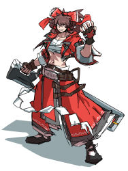  1girl absurdres black_footwear black_gloves black_hair bow breasts chest_sarashi cosplay cropped_jacket fingerless_gloves gloves grin guilty_gear hair_between_eyes hair_bow hair_tubes hakama hakama_pants hakurei_reimu hand_up highres holding holding_sword holding_weapon jacket japanese_clothes long_hair okinanocanvas pants red_bow red_eyes red_hakama red_jacket sarashi simple_background small_breasts smile sol_badguy sol_badguy_(cosplay) solo sword touhou weapon white_background 