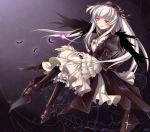  black_wings dress feathers flower frills hairband inverted_cross long_hair meimei mtyy pink_eyes rozen_maiden solo suigintou white_hair wings 