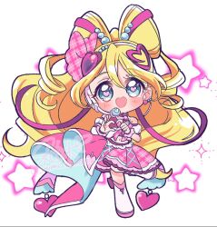  1girl 4-finger_heart_hands blonde_hair blue_eyes boots bow bow-shaped_hair chibi chibi_only circle_skirt crop_top cure_idol detached_sleeves earpiece earrings eyelashes full_body hair_between_eyes hair_bow hair_ornament heart heart-shaped_mouth heart-shaped_pupils heart_earrings heart_hair_ornament heart_hands highres jewelry kimi_to_idol_precure knee_boots long_hair looking_at_viewer midriff multicolored_hair navel open_mouth pink_bow pink_hair pink_pupils pink_skirt plaid_bow precure puffy_short_sleeves puffy_sleeves sakura_uta_(precure) short_sleeves simple_background skirt smile solo standing standing_on_one_leg star_(symbol) streaked_hair symbol-shaped_pupils tassel two-tone_hair white_background white_footwear yumi_san0112 
