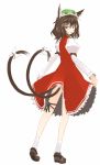  blush brown_eyes brown_hair cat_ears cat_tail catgirl chen earrings from_behind hat jewelry multiple_tails nekomimi short_hair skirt tail takaharu touhou 