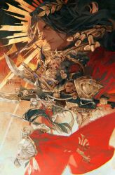  absurdres adeptus_custodes anathema_psykana armor axe black_hair cape constantin_valdor dated emperor_of_mankind facial_tattoo ginias gun highres jenetia_krole long_hair ponytail ra_endymion science_fiction signature sisters_of_silence tattoo warhammer_40k weapon 