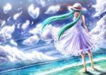  1girl aqua_hair barefoot cloud dress from_behind hand_on_hat hat hatsune_miku hyuuga_azuri ocean sky solo sun_hat twintails vocaloid wading water white_dress wind 