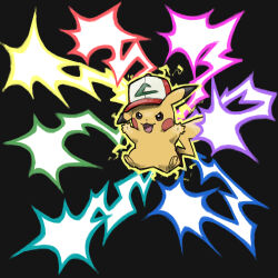  10000000-volt_thunderbolt_(pokemon) animal_focus arms_up baseball_cap black_background blacknirrow dot_nose electricity hat open_mouth pikachu pokemon pokemon_(anime) pokemon_(creature) pokemon_move simple_background smile solo z-move 