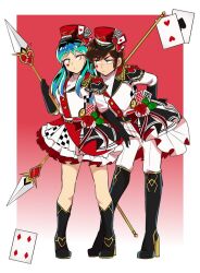  1boy 1girl alice_in_wonderland alternate_costume black_footwear black_gloves boots brown_hair card commentary crossover english_commentary facial_mark frilled_skirt frills gloves gradient_background gradient_hair hat high_heel_boots high_heels holding holding_polearm holding_weapon knee_boots long_hair lum mini_hat mini_top_hat moroboshi_ataru multicolored_hair pants playing_card polearm short_hair skirt teh_via top_hat urusei_yatsura weapon white_pants 
