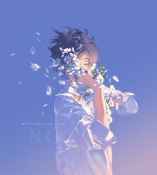  1boy artist_name black_hair blue_sky closed_eyes collared_shirt english_text flower from_side highres long_sleeves male_focus original rido_(ridograph) shirt short_hair sidelighting sky upper_body watermark white_flower wind 