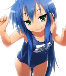  :3 armpits blue_hair blush collarbone flat_chest green_eyes izumi_konata long_hair lucky_star mole name_tag naughty_face nilitsu one-piece_swimsuit school_swimsuit simple_background smile solo swimsuit thigh_gap very_long_hair wet white_background 