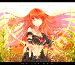  1girl armband bad_id butterfly chain crop_top detached_sleeves faceless flower foreshortening gears gradient_hair hair_over_eyes hands heart letterboxed long_hair megurine_luka midriff multicolored_hair musical_note navel no_eyes outstretched_arm outstretched_hand pink_hair plants pov reaching red_hair renta severed_arm smile solo translated treble_clef very_long_hair vocaloid wander_last_(vocaloid) 