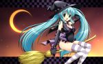  aqua_hair broom broom_riding cape gloves green_eyes halloween hands hat hatsune_miku headset highres legs long_hair open_mouth solo suzui_narumi thigh-highs thighhighs twintails very_long_hair vocaloid wallpaper witch witch_hat 