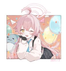  1girl ;3 ;d ahoge balloon black_gloves black_skirt blue_archive blue_necktie blush border chest_strap collared_shirt commentary_request cowboy_shot crossed_bangs dated fingerless_gloves gloves hair_between_eyes hair_flaps halo hand_on_own_cheek hand_on_own_face head_rest highres hoshino_(blue_archive) id_card inflatable_toy inflatable_whale leaning_forward long_hair long_sleeves looking_at_viewer necktie one_eye_closed open_mouth orange_eyes oshio_(baniniwana) outside_border pink_hair pink_halo plaid_clothes plaid_skirt pleated_skirt puffy_long_sleeves puffy_sleeves school_uniform shirt sidelocks skirt smile solo very_long_hair white_border white_shirt 