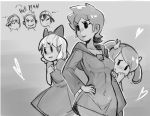  3girls ana blush bow breasts dress hair_bow hand_on_hip heart hood kumatora lucas mother_(game) mother_1 mother_2 mother_3 multiple_girls ness ninten paula_polestar sho-n-d short_hair 