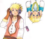  1boy 1girl blonde_hair choker digital_media_player fio-mama gloves green_eyes guy_cecil headphones listening_to_music natalia_luzu_kimlasca_lanvaldear sennheiser sharing short_hair tales_of_(series) tales_of_the_abyss 