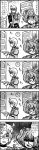  1boy 1girl bell book clock comic enokuma_uuta frills glasses hair_bobbles hair_ornament highres long_image monochrome morichika_rinnosuke motoori_kosuzu tall_image time_lapse touhou translation_request twintails 