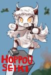  1girl airplane alternate_hairstyle chibi commentary_request fang holding horns kantai_collection king_kong long_hair mittens muray northern_ocean_hime open_mouth parody shinkaisei-kan solo white_hair white_skin 