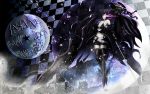  armor belt beltskirt black_hair black_rock_shooter boots chain coat glowing glowing_eyes highres insane_black_rock_shooter laughing long_hair purple_eyes scar sword takonasu twintails very_long_hair wallpaper weapon 