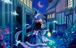  1girl aqua_eyes aqua_hair bow bubble capelet city crescent_moon dress fish flower flying_fish hara_yui hatsune_miku head_scarf highres lantern long_hair looking_back mikumix moon night red_moon reflection rose scenery solo surreal twintails very_long_hair vocaloid wallpaper wet_floor 