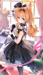  1girl animal_ear_fluff animal_ears black_choker black_dress black_hairband black_hat black_headband black_pantyhose blue_archive blue_eyes choker closed_mouth commentary corrupted_twitter_file dress flower flower_hat frilled_choker frills from_side guzangnanfeng hairband halo hat hat_flower headband highres holding holding_microphone indoors long_hair looking_at_viewer low_twintails mannequin mari_(blue_archive) mari_(idol)_(blue_archive) microphone mini_hat mini_top_hat official_alternate_costume orange_hair pantyhose rose sleeveless sleeveless_dress smile solo standing top_hat twintails very_long_hair yellow_flower yellow_halo yellow_rose 