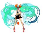  ankle_lace-up bad_id blue_hair center_opening cross-laced_footwear gradient_hair green_hair hand_on_hip hatsune_miku highres kansou_samehada kansousamehada long_hair looking_at_viewer midriff mound_of_venus multicolored_hair nail_polish necktie sandals skirt smile standing sunglasses very_long_hair vocaloid white 