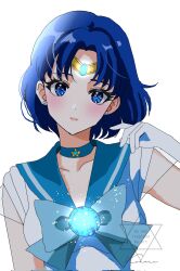  1girl back_bow bishoujo_senshi_sailor_moon blue_choker blue_eyes blue_hair blue_sailor_collar blue_skirt boots bow choker circlet earrings elbow_gloves gloves highres jewelry koharumichi looking_at_viewer magical_girl sailor_collar sailor_mercury sailor_senshi_uniform short_hair skirt smile solo stud_earrings super_sailor_mercury white_gloves 