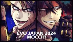  2boys arm_up belt_buckle black_border black_gloves blonde_hair blue_eyes border brown_hair buckle clenched_hand clenched_teeth commentary_request crossover ebi_pri_shrimp english_text eye_contact fingerless_gloves forked_eyebrows glove_belt gloves grin guilty_gear headband looking_at_another luke_sullivan male_focus mma_gloves multicolored_gloves multiple_boys multiple_scars open_mouth paint_splatter red_headband scar scar_across_eye scar_on_cheek scar_on_face smile sol_badguy street_fighter street_fighter_6 teeth upper_body yellow_eyes 