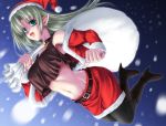  blush breasts christmas elf long_hair midriff miyai_max original pantyhose pointy_ears santa_costume skirt snow solo 