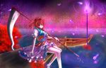  boat flower ghost hair_bobbles hair_ornament highres legs mugen_soukyuu onozuka_komachi red_eyes red_hair redhead river scythe short_hair solo spider_lily touhou twintails 