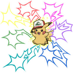  10000000-volt_thunderbolt_(pokemon) animal_focus arms_up baseball_cap blacknirrow dot_nose electricity hat open_mouth pikachu pokemon pokemon_(anime) pokemon_(creature) pokemon_move simple_background smile solo white_background z-move 