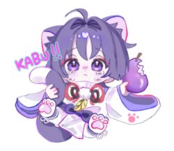  1boy ahoge animal_ears animal_hands blunt_ends bow cat_boy cat_ears cat_paws cat_tail character_name chibi ckiows closed_mouth eyeliner eyeshadow feathers food fruit full_body genshin_impact hair_intakes holding holding_food holding_fruit holding_own_tail japanese_clothes kariginu lavender_melon_(genshin_impact) layered_sleeves long_sleeves looking_at_viewer makeup male_focus pants paw_print pelvic_curtain pom_pom_(clothes) purple_bow purple_hair purple_sash purple_sleeves red_eyeliner red_eyeshadow sash scaramouche_(genshin_impact) scaramouche_(kabukimono)_(genshin_impact) solo string tail tears violet_eyes white_background white_pants white_sleeves wide_sleeves yellow_feathers 