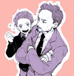  2boys ashinamaturi blush clenched_hand closed_mouth collared_shirt commentary_request crossed_arms facial_hair fingernails greyscale greyscale_with_colored_background hand_up highres jacket lapels long_sleeves looking_at_another marvel marvel_cinematic_universe monochrome multiple_boys necktie open_mouth peter_parker pink_background shirt short_hair simple_background smile sparkle striped_clothes striped_shirt suit_jacket sweatdrop sweater teeth tony_stark vertical-striped_clothes vertical-striped_shirt 