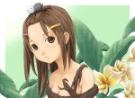  bare_shoulders brown_eyes brown_hair face flower hair_ornament hairclip leaf long_hair original roots solo ss39 
