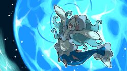  arms_up blacknirrow blue_hair closed_eyes hair_ornament highres long_hair no_humans oceanic_operetta_(pokemon) open_mouth outline pokemon pokemon_(creature) pokemon_move primarina smile solo star_(symbol) star_hair_ornament water white_eyelashes white_outline z-move 