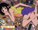  1girl ass black_hair brown_eyes computer_keyboard feet figure frilled_skirt game_boy_micro midriff nakahara_misaki nhk_ni_youkoso! nintendo_ds official_art open_mouth playstation scan short_hair skirt smile solo wallpaper watermark xbox 