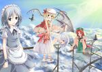6+girls aqua_eyes bat_wings bent_over blonde_hair blue_hair blush braid broom china_dress chinese_clothes cloud day dress flandre_scarlet green_eyes group hat highres hong_meiling izayoi_sakuya kirisame_marisa leap_frog lens_flare long_hair maid patchouli_knowledge red_eyes red_hair redhead remilia_scarlet ribbons short_hair silver_hair sky sunbeam sunglasses sunlight touhou twin_braids vampire white_hair wings witch witch_hat yinzhai