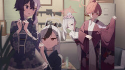  4girls adjusting_another's_clothes aru_(blue_archive) aru_(new_year)_(blue_archive) assault_rifle black_hair blue_archive brown_horns closed_mouth commentary flower grey_halo gun hair_flower hair_ornament halo haruka_(blue_archive) haruka_(new_year)_(blue_archive) highres horns indoors japanese_clothes kayoko_(blue_archive) kayoko_(new_year)_(blue_archive) kimono m16 m16a4 mikan_battery multicolored_hair multiple_girls mutsuki_(blue_archive) mutsuki_(new_year)_(blue_archive) official_alternate_costume pointy_ears problem_solver_68_(blue_archive) purple_hair red_hair red_halo red_kimono rifle smile two-tone_hair weapon white_hair white_kimono 