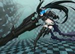  belt beltskirt black_hair black_rock_shooter black_rock_shooter_(character) blue_eyes boots chain checkered gauntlets glowing glowing_eyes greaves gun highres huge_weapon insane_black_rock_shooter long_hair midriff navel pale_skin scar shorts solo stitches thigh_boots thighhighs twintails weapon yuun 