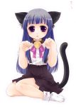  bangs bell blue_hair blunt_bangs blush cat_ears cat_tail catgirl furude_rika higurashi_no_naku_koro_ni jingle_bell loli long_hair misaki_kozue nekomimi paw_pose purple_eyes sitting skirt socks solo suspenders tail thigh_highs 