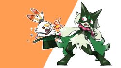  :d animal_focus blacknirrow confetti full_body green_hat hat highres holding holding_hat holding_unworn_clothes in_hat magic_trick meowscarada no_humans open_mouth outline pink_eyes pokemon pokemon_(creature) rabbit scorbunny simple_background smile standing surprised teeth top_hat two-tone_background upper_teeth_only white_outline 