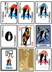  1girl absurdres alternate_costume arched_crown balatro black_eyes black_hair blue_lips card color_guide colored_skin cosplay crown english_commentary frills glitch gold_scepter hair_over_one_eye hat heart highres holding holding_scepter holding_staff hooded_robe jester_cap jimbo_(balatro) jimbo_(balatro)_(cosplay) joker_(playing_card) lantern long_hair long_sleeves looking_at_viewer looking_down lughost multiple_views official_alternate_color open_mouth playing_card queen_(playing_card) queen_of_hearts_(playing_card) red_lips ringed_eyes robe roman_numeral scar scar_on_face scar_on_mouth scepter spectral staff tarot tarot_card the_hermit_(tarot) the_ring very_long_hair white_skin yamamura_sadako 