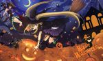  absurdres aki_(mare_desiderii) animal_ears blonde_hair blue_eyes broom cape gloves halloween hat highres jack-o'-lantern long_hair moon multiple_girls original pumpkin red_eyes short_hair striped twintails witch witch_hat 