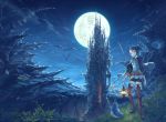  black_hair boots castle fantasy hisakata_souji landscape moon night original red_eyes scenery short_hair solo thigh_boots thighhighs 