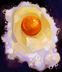  black_background breakfast bubble close-up color_contrast commentary dark_background egg egg_(food) egg_yolk english_commentary film_grain food food_focus fried_egg hatching_(texture) highres no_humans no_lineart original purple_background quezify scribble scribble_background still_life 