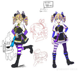 1girl absurdres artist_request black_dress black_footwear blonde_hair boots china_dress chinese_clothes chinese_new_year digimon digimon_(creature) digimon_card_game digimon_liberator double_bun dress drill_hair full_body ghostmon hair_bun highres long_hair official_art pantyhose purple_hair purple_pantyhose reference_sheet simple_background twin_drills twintails violet_inboots white_background